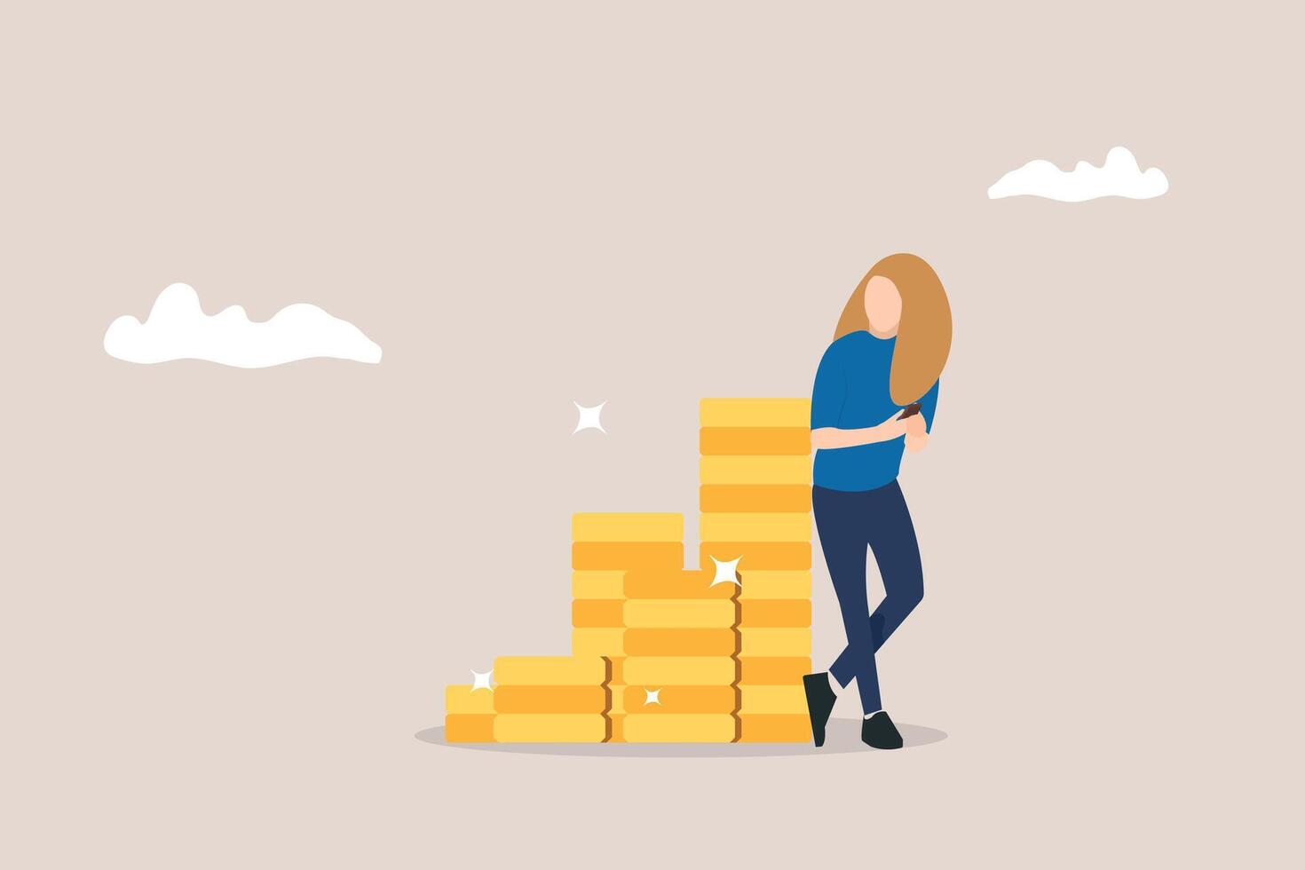 young woman working with mobile phone standing side heap of dollar coin. concept of Online business making money, salary or multi income stream, side hustle or side gig earning, investment return vector