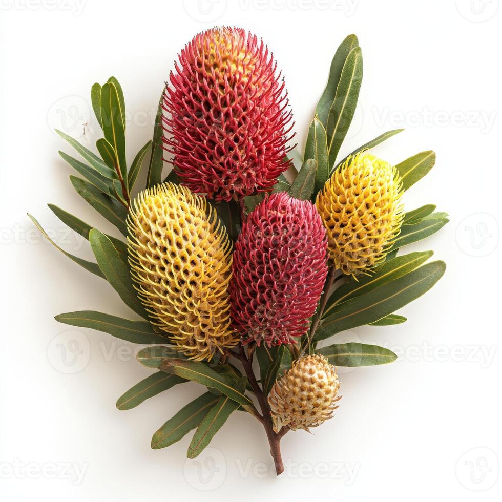 A stunning display of vibrant Australian banksia flowers showcases breathtaking red and yellow blooms with lush green leaves against a pristine white background, enhancing their beauty photo