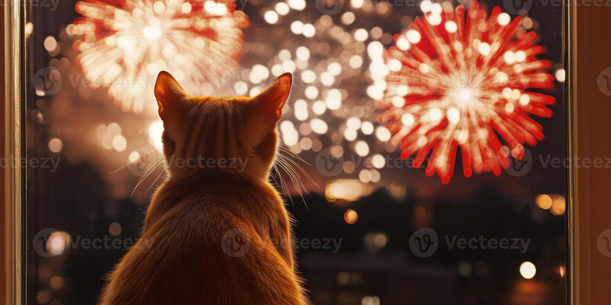 A curious cat sits comfortably by the window, its eyes wide with wonder as it gazes at the vibrant and colorful fireworks that illuminate the night sky, creating a breathtaking spectacle of lights photo