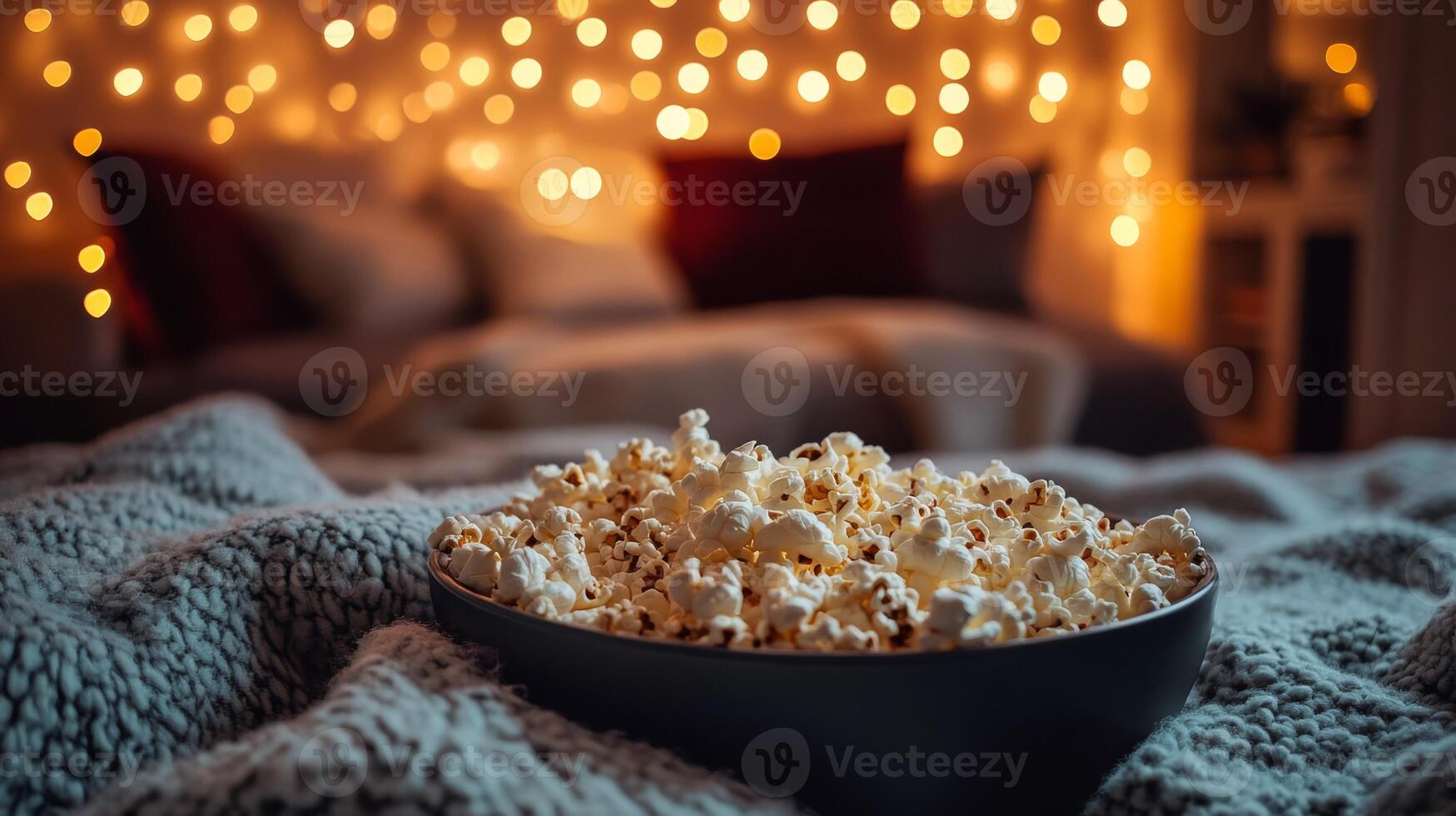 Imagine a cozy living room ideal for movie nights, filled with the scent of popcorn, soft blankets, and twinkling fairy lights, creating a warm atmosphere that makes everyone feel relaxed photo