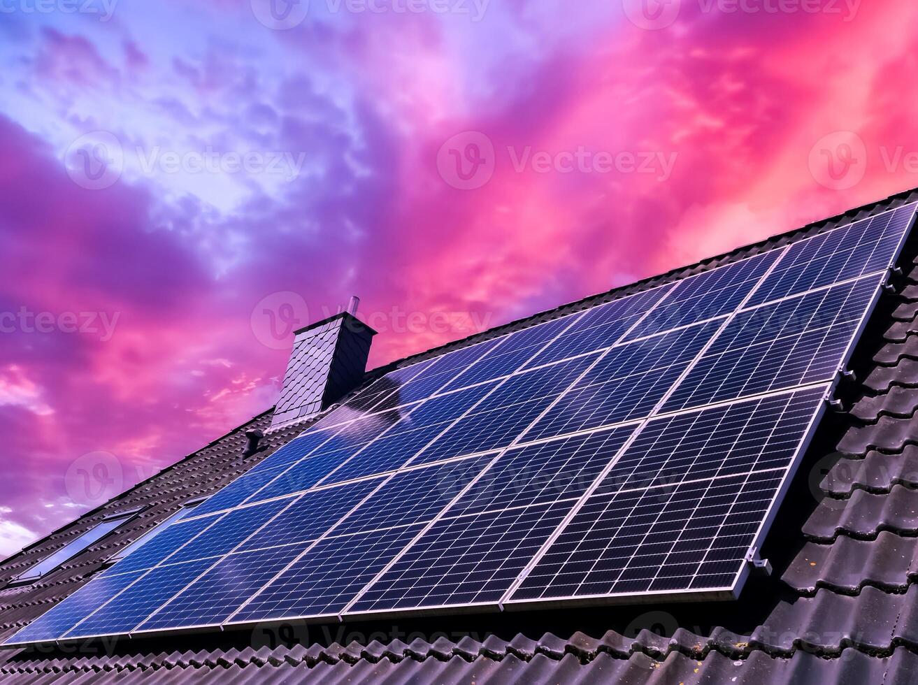 Solar panels producing clean energy on the roof of a house with a spectacular sky photo