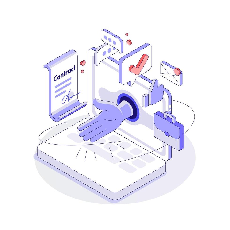 Job Offers. Isometric concept. The Hand comes out of the screen to Shake hands. Successful transaction. Illustration vector