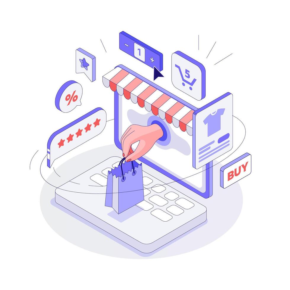 Isometric Computer screen with shopping interface. Hand comes out of the Screen and holds the Purchase. Concept of product Delivery vector