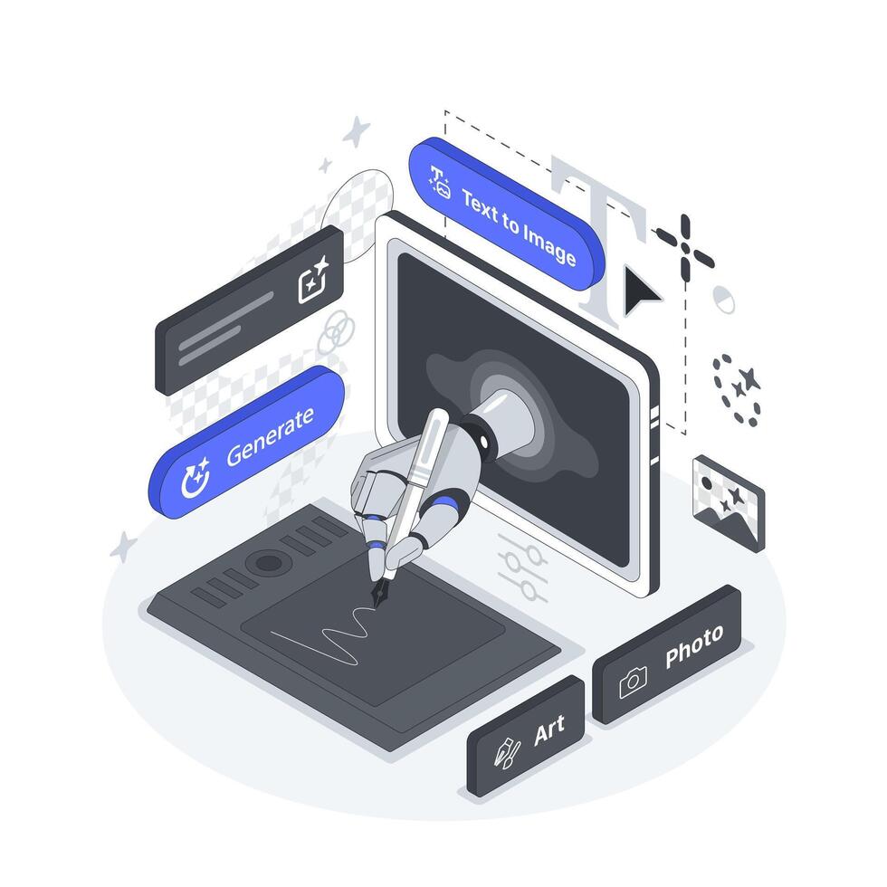 Ai Assistant in Raster Graphic Editor. Isometric illustration. Generate button. Text to image. The Hand comes out of the Screen and draws on the tablet vector