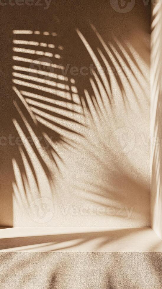 A close-up of the shadow cast in the style of palm leaves on an empty shelf, set against a textured beige wall, evoking a serene and minimalist aesthetic photo