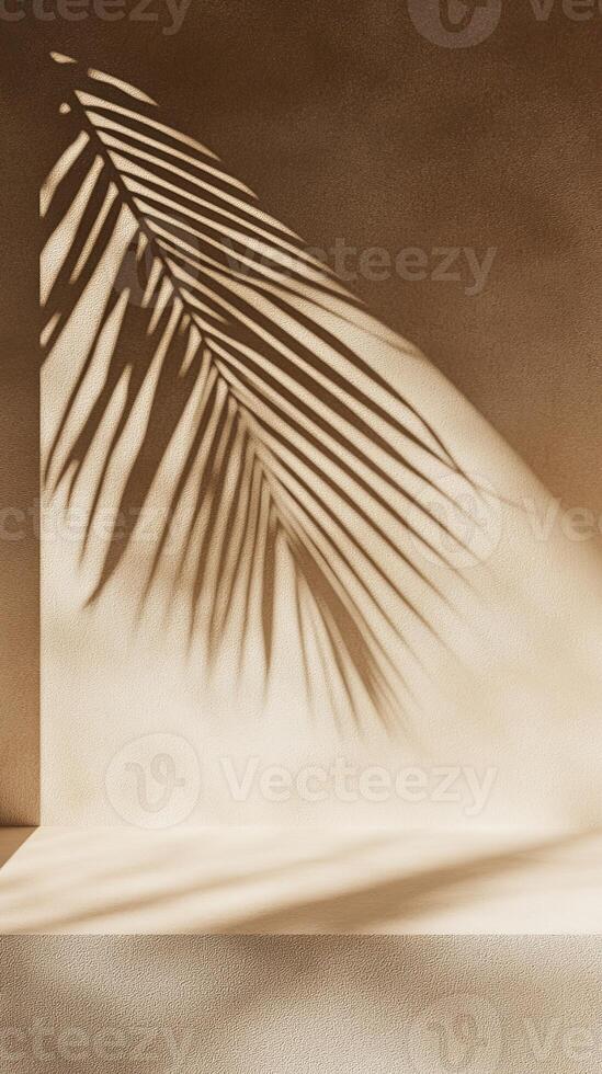 A close-up of the shadow cast in the style of palm leaves on an empty shelf, set against a textured beige wall, evoking a serene and minimalist aesthetic photo