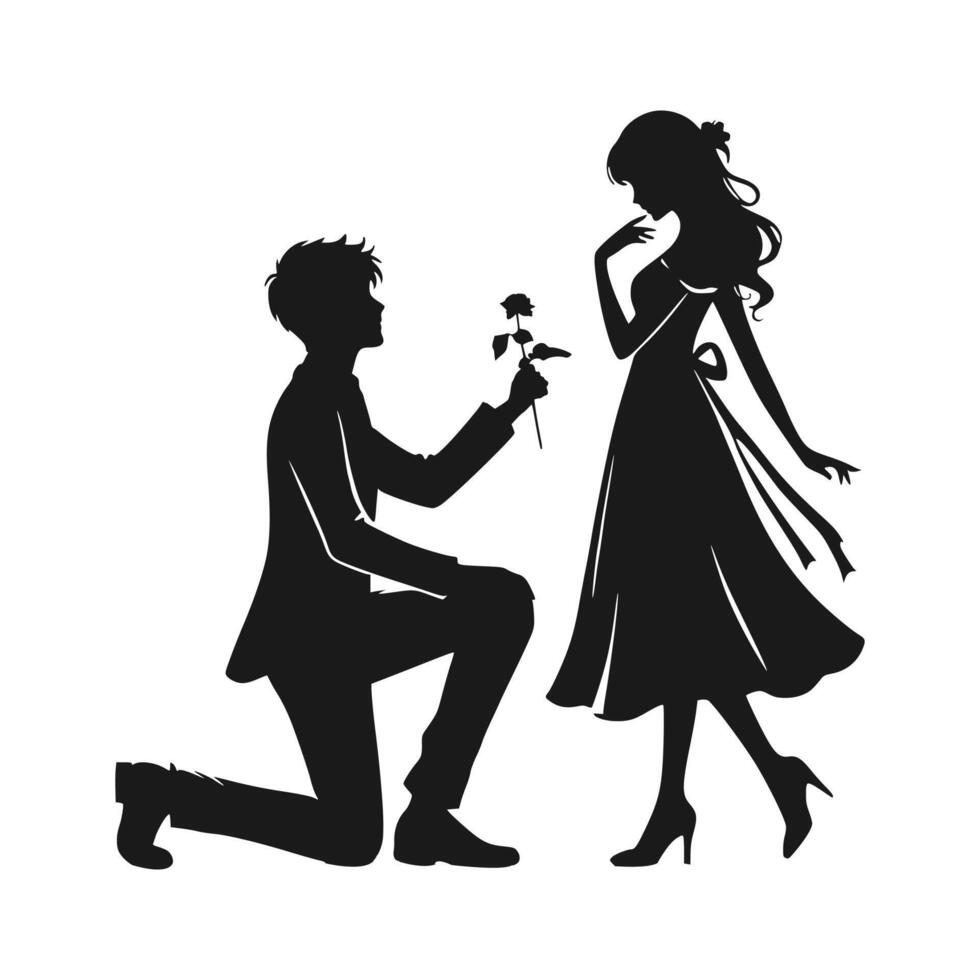Romantic Silhouette of a Man Proposing with a Rose vector