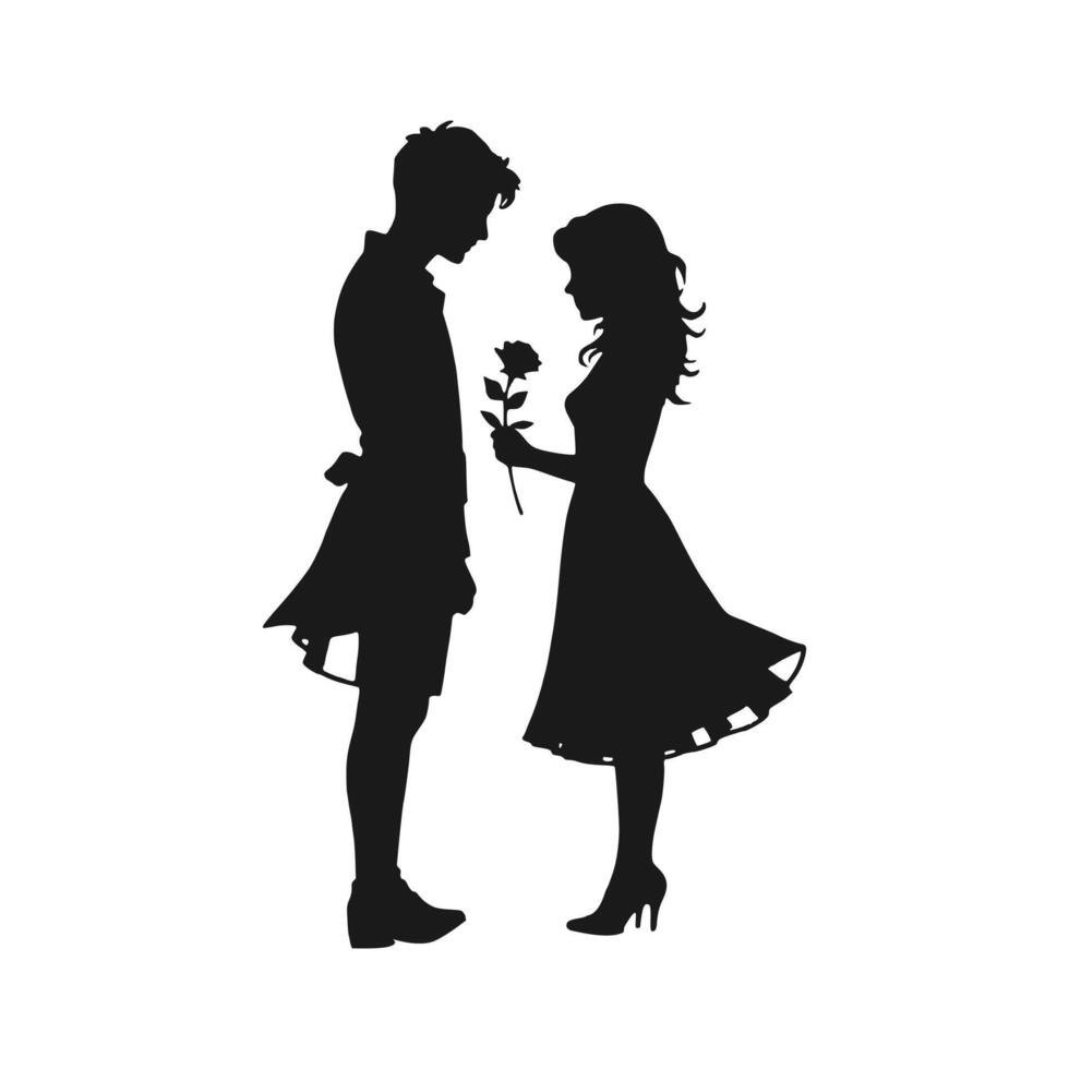 Elegant Couple Silhouette Romantic Gesture with Rose vector