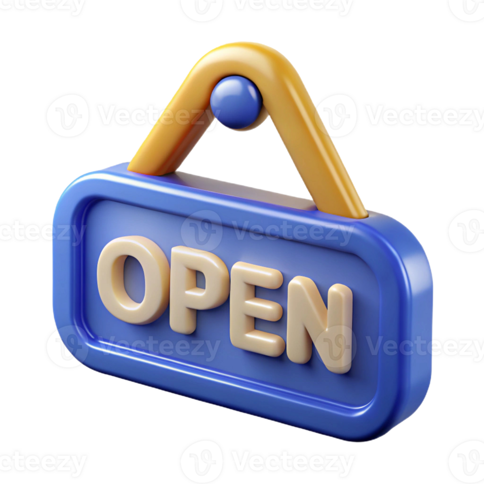 3D Render of a Cartoon Open Sign, Blue and Yellow png