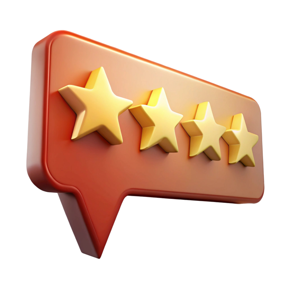 Four Star Review in Red Speech Bubble - 3D Render png