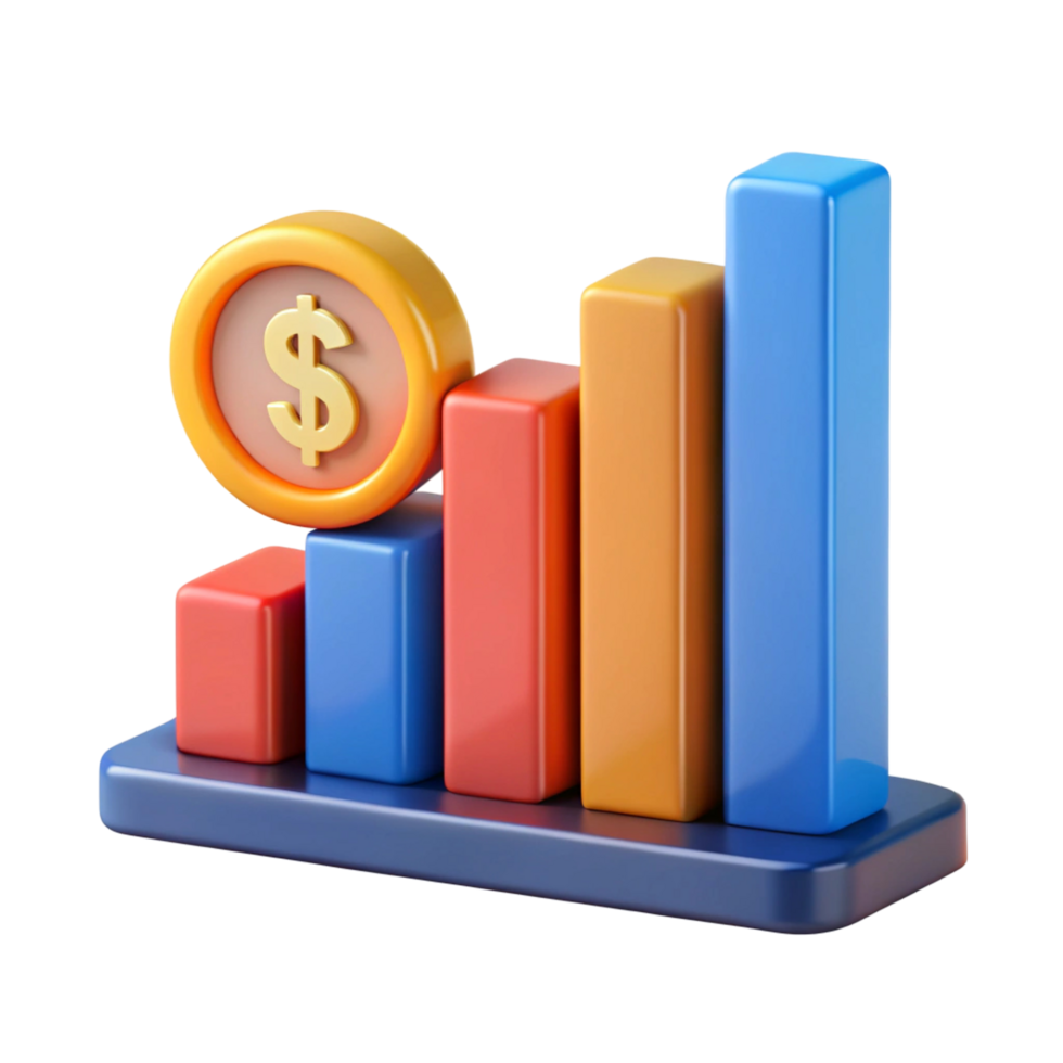 3D Render of Ascending Bar Graph with Dollar Coin png