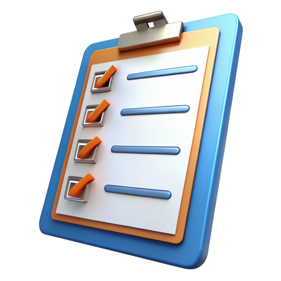 3D Render of a Checklist on a Clipboard - Task png