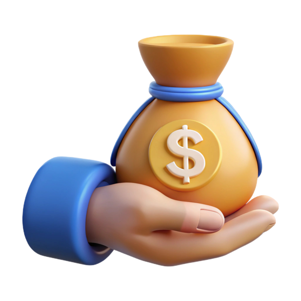 3D Render of a Hand Holding a Money Bag png