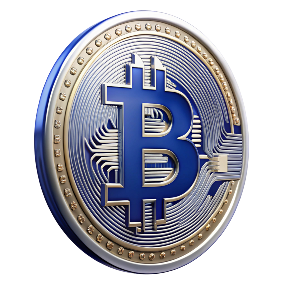3D Render of a Blue and Gold Bitcoin png