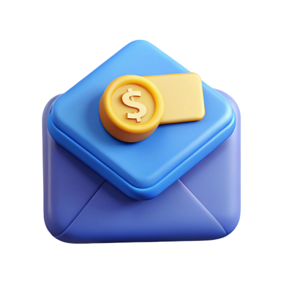 3D Render of a Blue Envelope with a Gold Dollar png