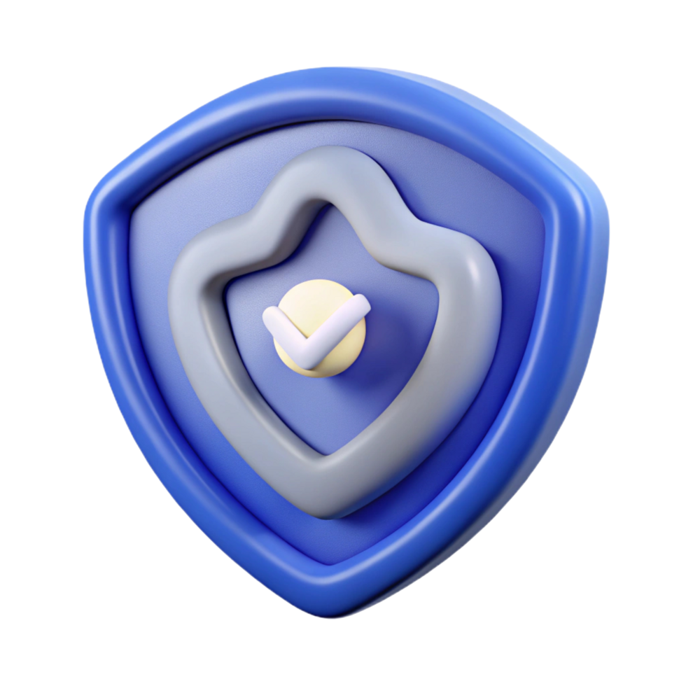 3D Render of a Blue Shield Icon with Checkmark - png