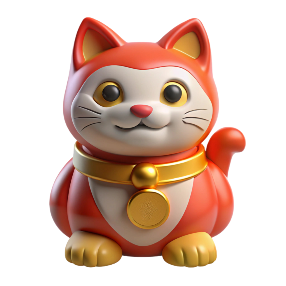 Adorable 3D Render of a Red Maneki-Neko Cat png