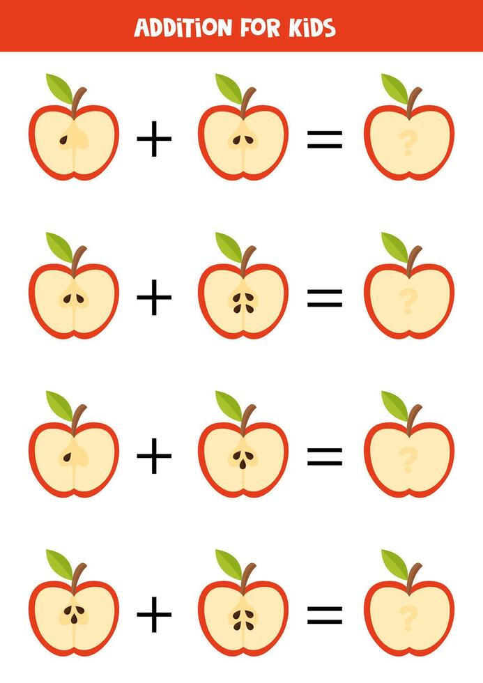 Addition for kids with red apples and apple seeds. Math game. vector