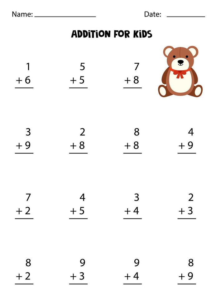 Addition with cute cartoon teddy bear. Educational math game for kids. vector