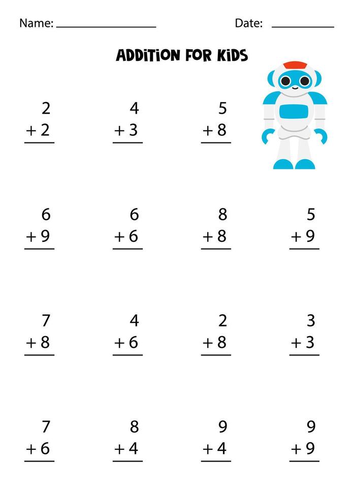 Addition with cute toy robot. Educational math game for kids. vector