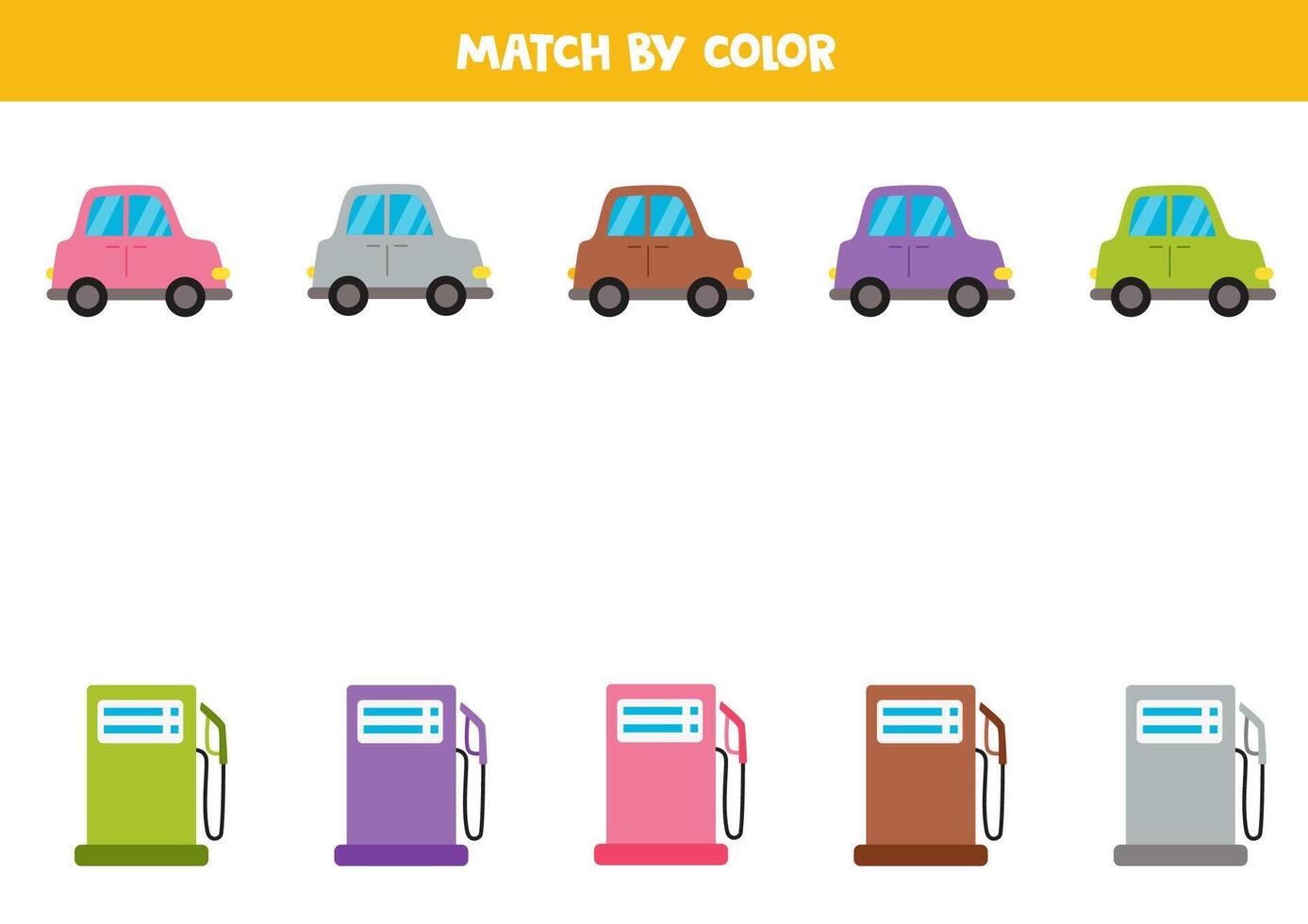 Color matching game for preschool kids. Match cars and gas stations by colors. vector