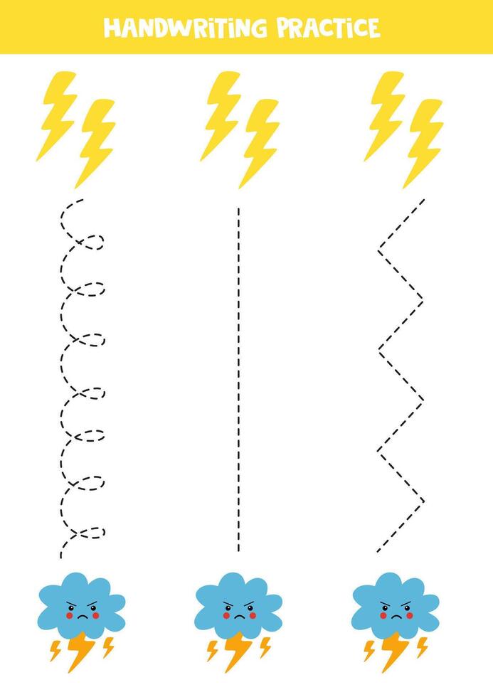 Tracing lines for kids. Cartoon stormy cloud and lightnings. Handwriting practice. vector