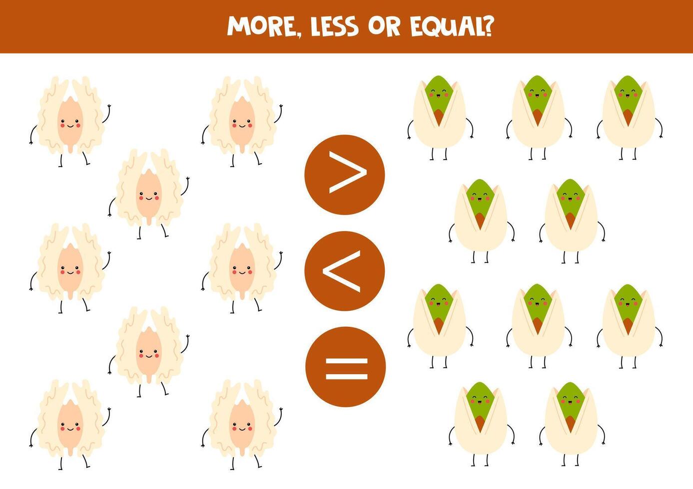 More, less, equal with cartoon nuts. Walnuts and pistachios. vector