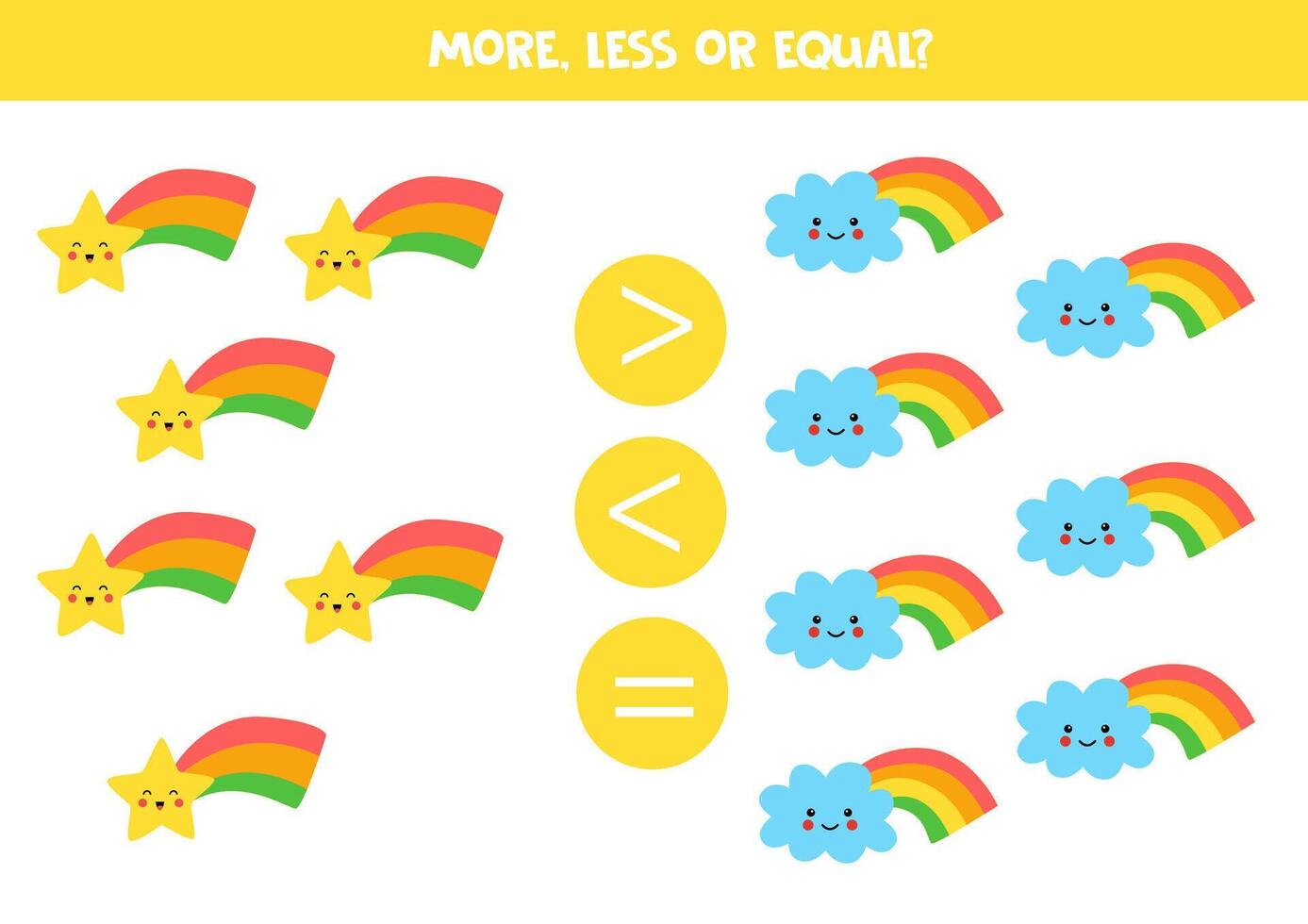 More, less, equal with cartoon rainbow star and cloud. Colorful worksheet. vector