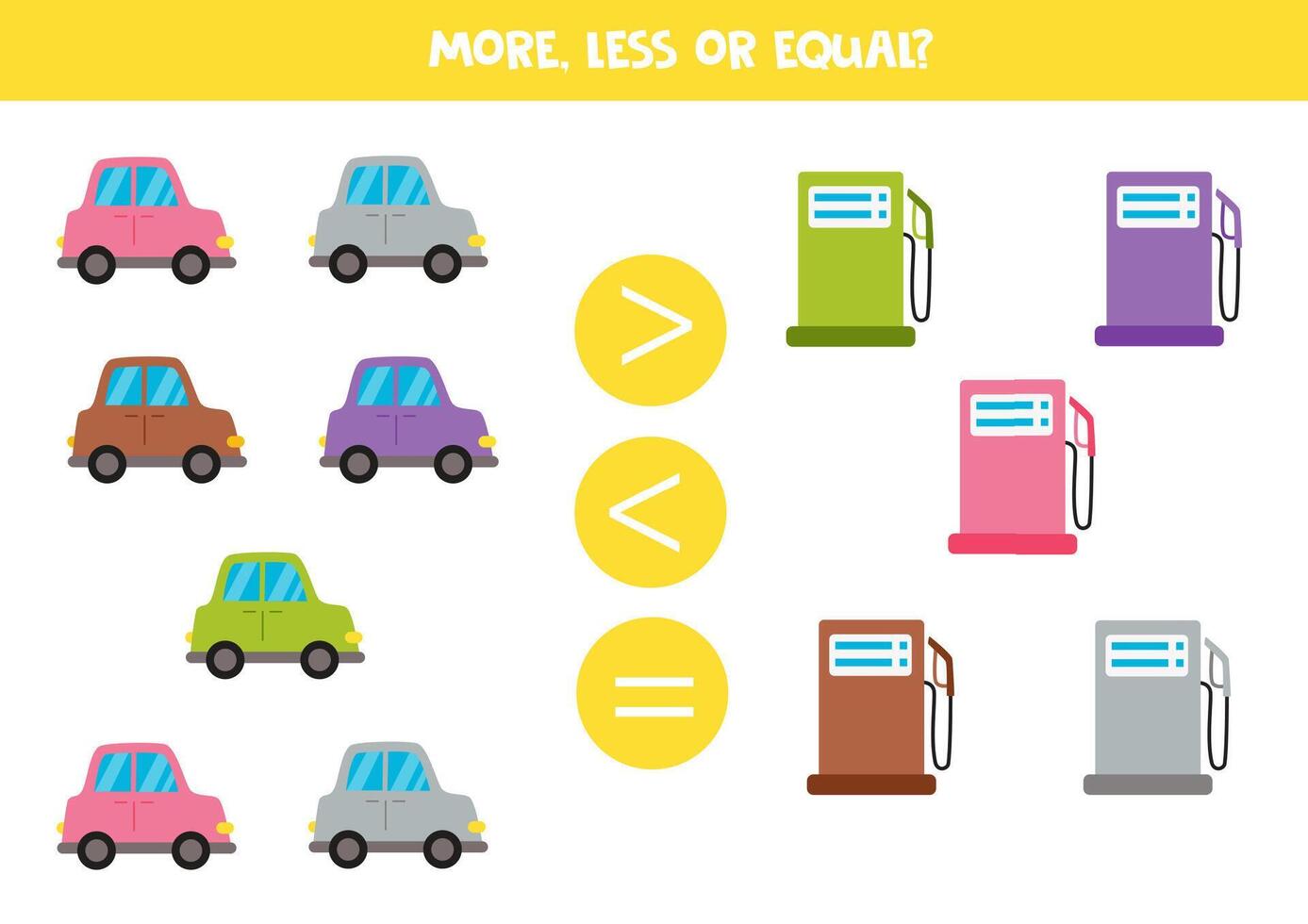 More, less, equal with cartoon colourful cars and gas stations. Colorful worksheet. vector