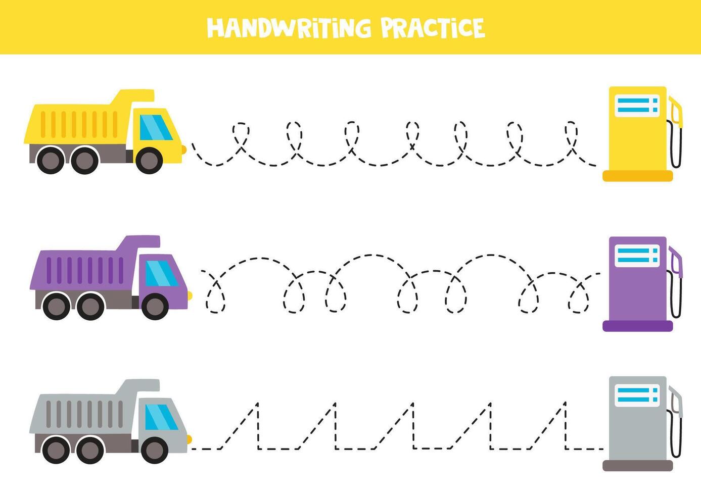 Tracing lines for kids. Cartoon colorful trucks and gas stations. Handwriting practice. vector