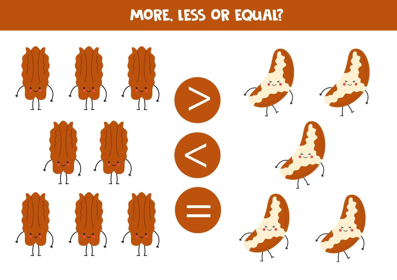 More, less, equal with cartoon nuts. Pecans and Brazilian nuts. vector