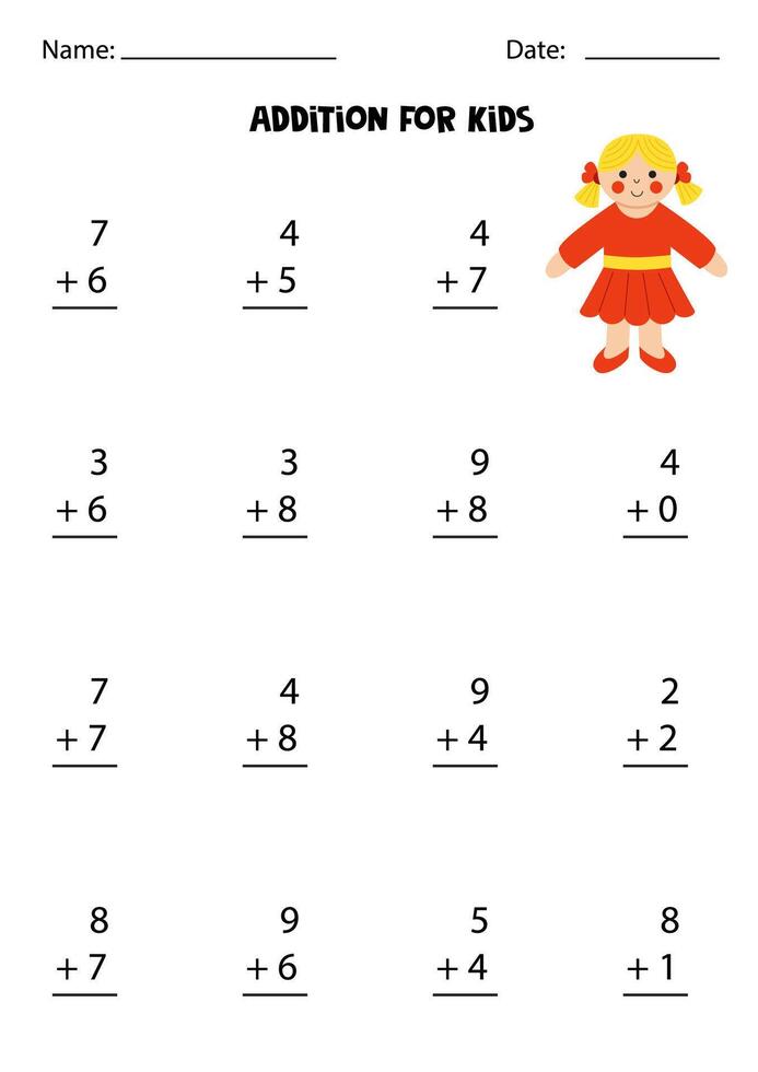 Addition with cute doll in red dress. Educational math game. vector