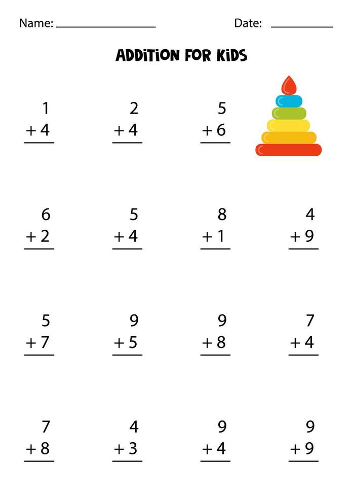 Addition with cute toy pyramid. Educational math game for kids. vector