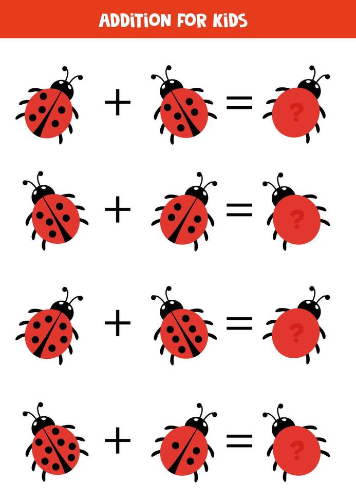 Addition for kids with red ladybugs. Math game. vector
