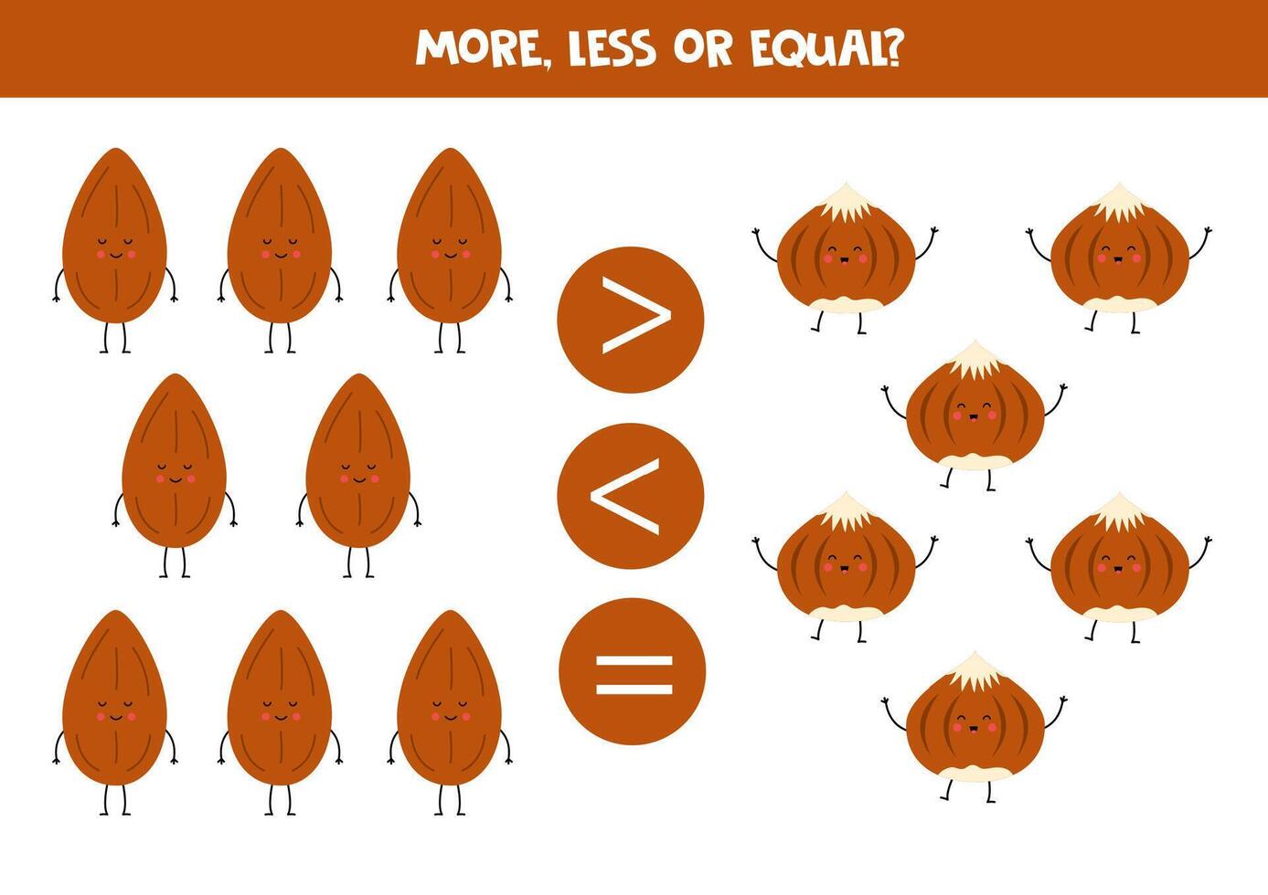 More, less, equal with cartoon nuts. Almonds and hazelnuts. vector