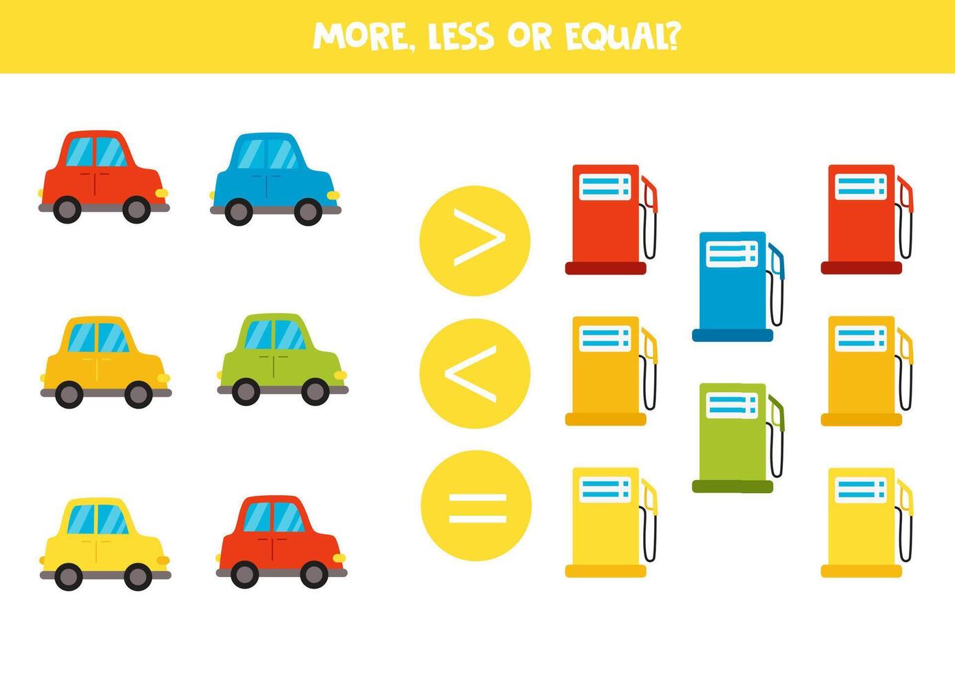 More, less, equal with cartoon colourful cars and gas stations. Colorful worksheet. vector