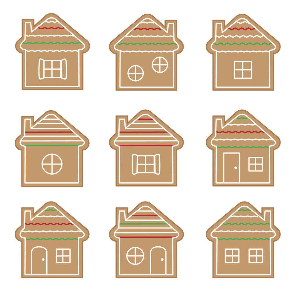 Big set of cute Christmas gingerbread houses. Collection of cute cartoon gingerbread houses for design. vector