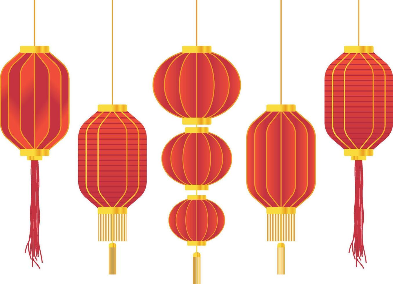 Collection of Octagonal and Circle Red Chinese Lantern with Gold and Red Rope vector