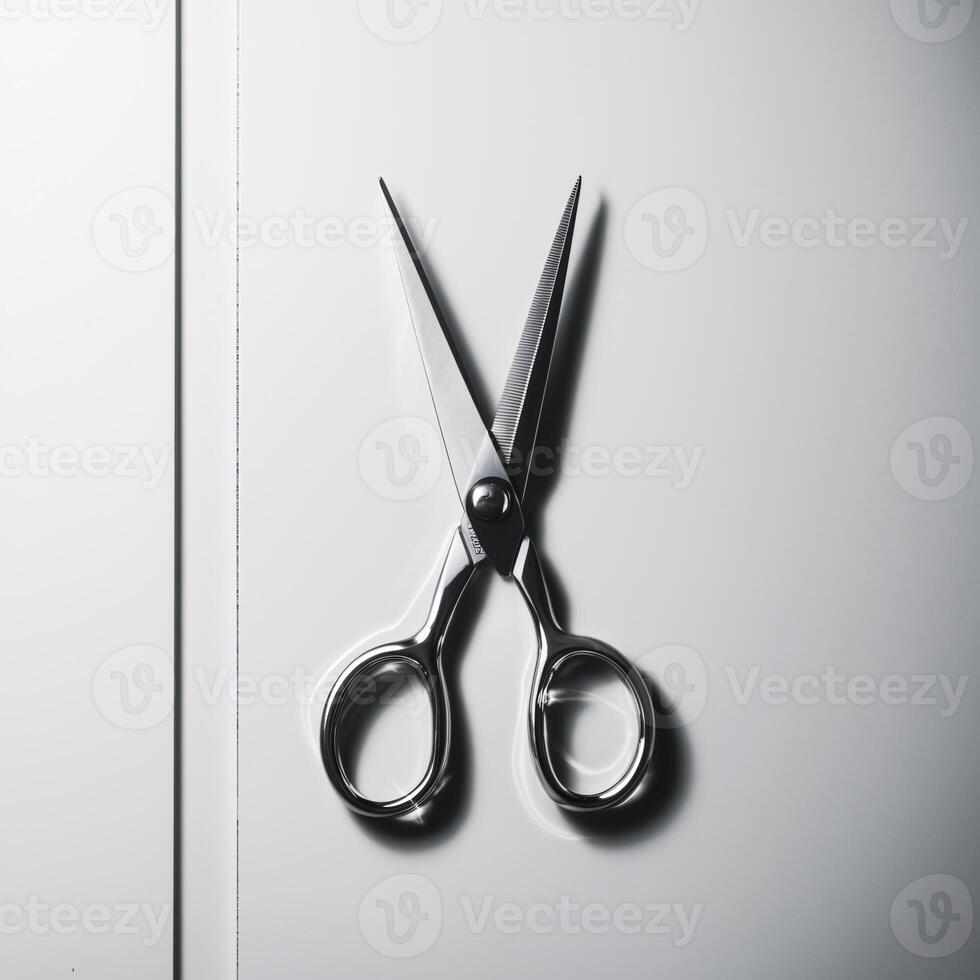 Shiny stainless steel scissors placed on a gray surface, highlighting their sharp blades and sleek design. photo