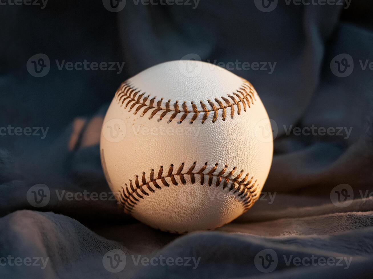 A close-up of a white baseball resting on a dark, textured surface. photo