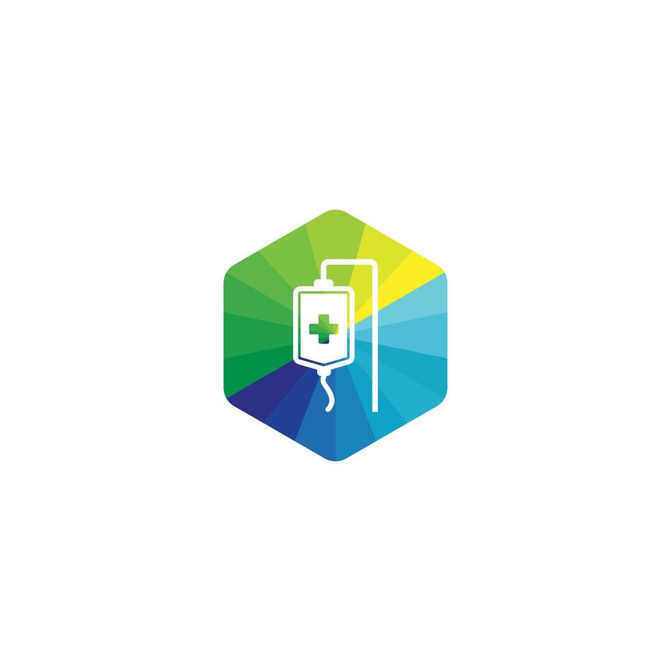 White IV bag icon on negative space. Blood bag icon. Donate blood concept. The concept of treatment and therapy, chemotherapy. polygonal green blue hexagon vector
