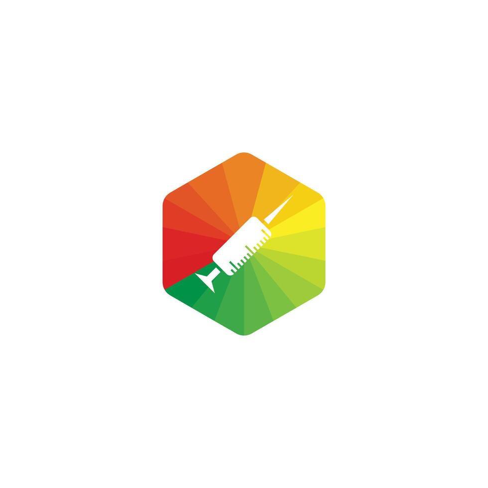 White Syringe icon. Syringe for vaccine, vaccination, injection, flu shot. Medical equipment. triangle red, yellow and green pattern arranged hexagon button vector