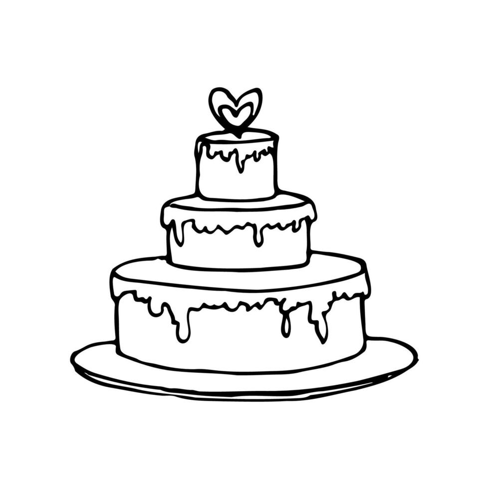 three tiered cake covered in icing with a heart on top - line art doodle style vector
