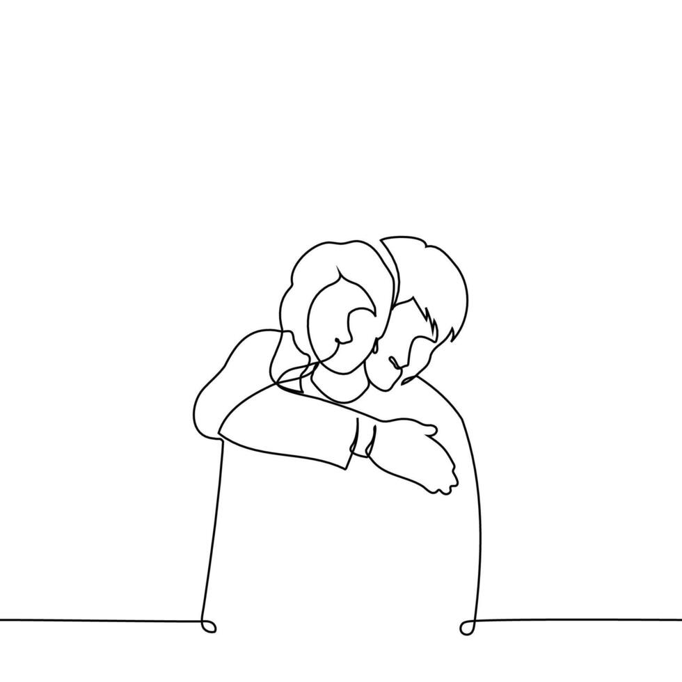 the man hugged the woman from the back with his hand and put his chin on her shoulder - one line art vector