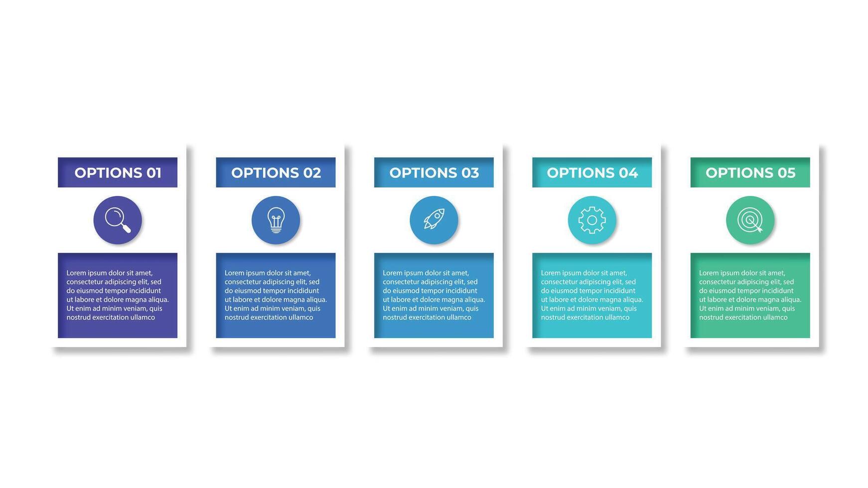 Five square paper white elements with colorful circles placed in horizontal row. Concept of 5 successive steps to business project success. Modern infographic design template. Illustration vector