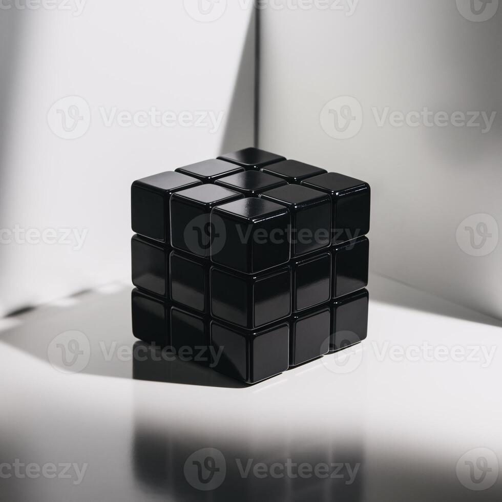 A sleek black Rubik's Cube resting on a minimalist surface, casting soft shadows in natural light. photo