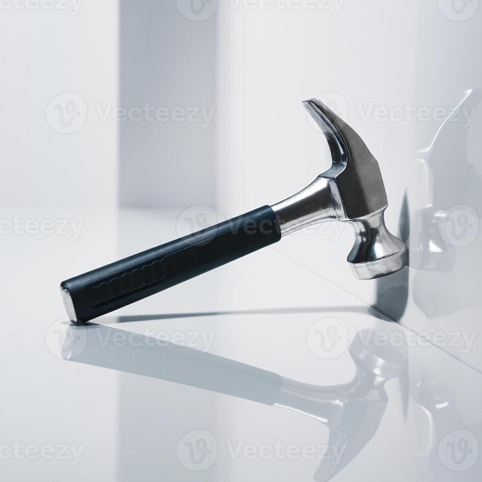 A sleek, metallic hammer resting against a reflective surface, showcasing its tool functionality. photo