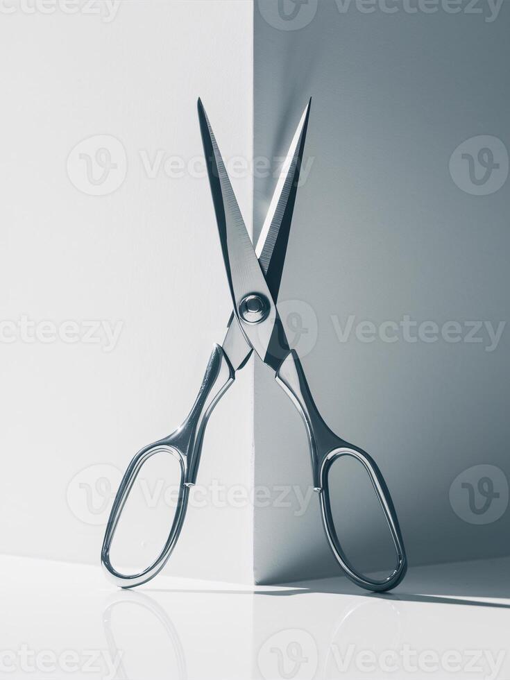 Shiny silver scissors positioned at a sharp corner, creating a dynamic visual effect. photo