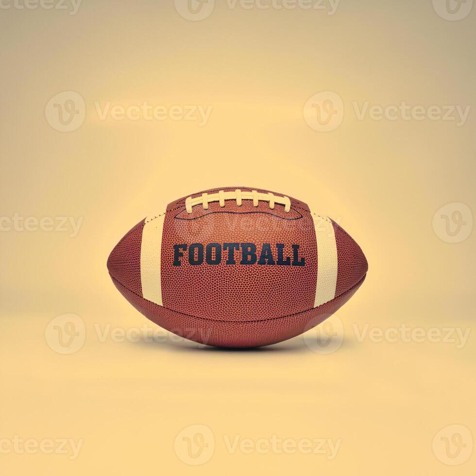 A close-up of a classic football with the word 'FOOTBALL' displayed prominently on its surface. photo