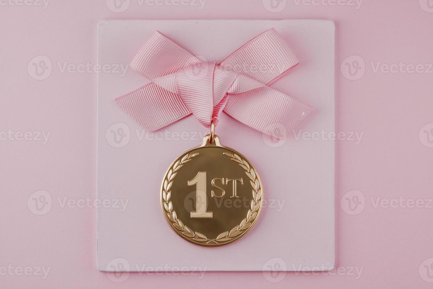Gold medal with pink ribbon, symbolizing achievement and success. photo